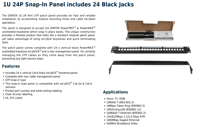 DINTEK 1U 24P Snap-In Panel includes 24 Black Jacks