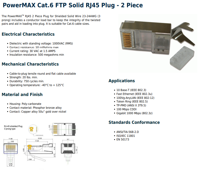 DINTEK PowerMAX Cat.6 FTP Solid RJ45 Plug - 2 Piece