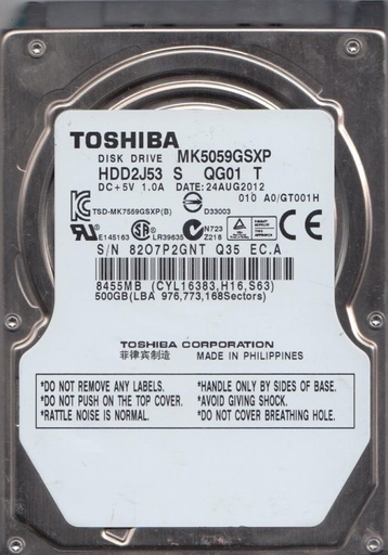 [MK5061GSYN/HDD2F22/0HJRNY] Toshiba 500 GB SATA 2.5″ Donor Hard Drive